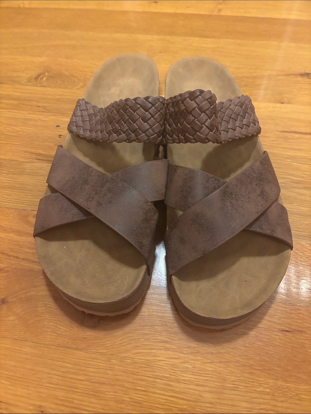 Brown Braided Strap Slide Sandals